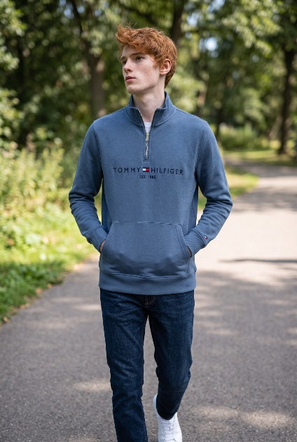TOMMY HILFIGER M TEAL TOMMY LOGO ZIP  MOCKNECK