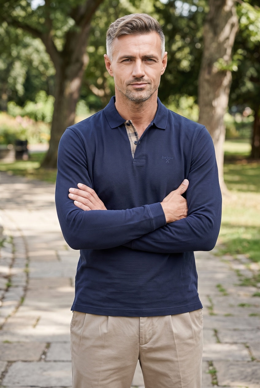 Navy long-sleeve pique polo shirt with button placket and collared neckline