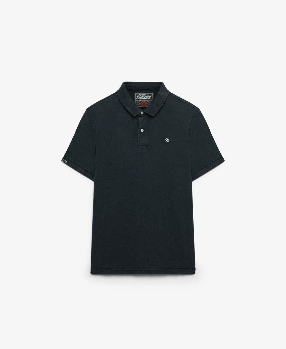 Dark short-sleeve polo shirt with button placket and small chest logo