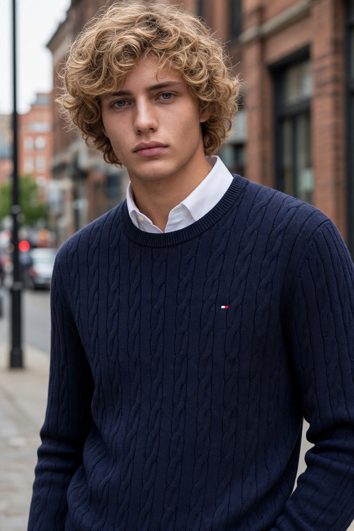 Navy cable knit crewneck sweater with TOMMY HILFIGER flag on chest