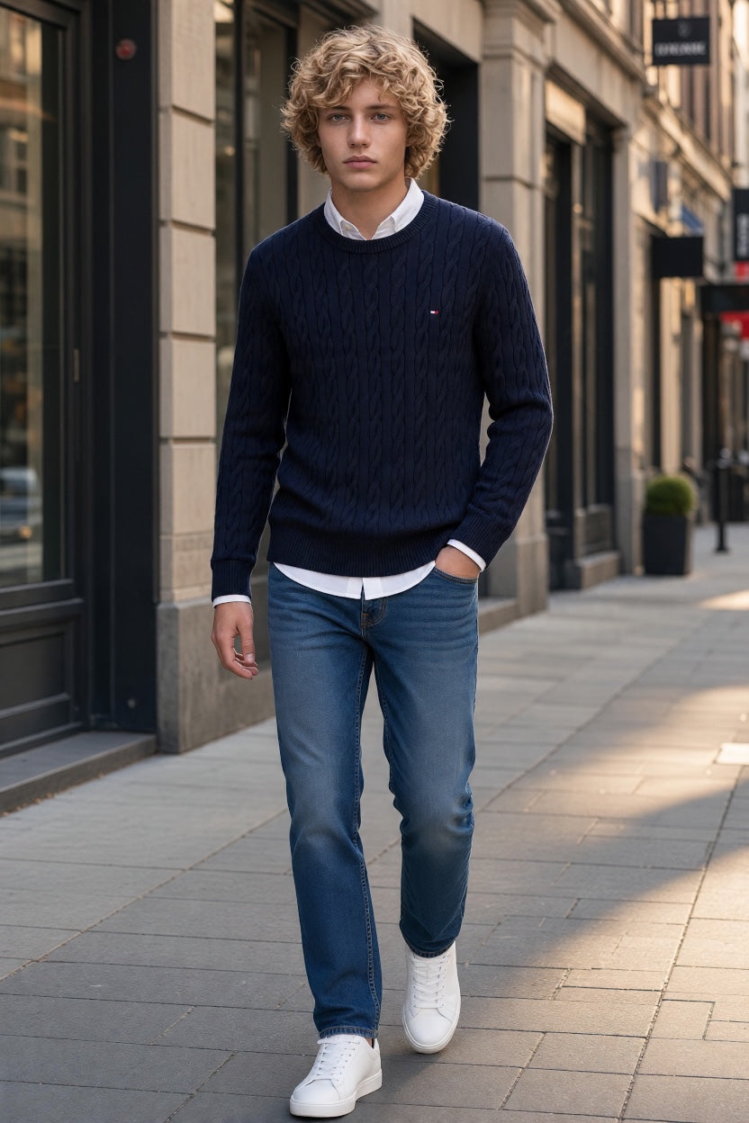 Navy cable knit crewneck sweater with ribbed cuffs and hem, TOMMY HILFIGER flag