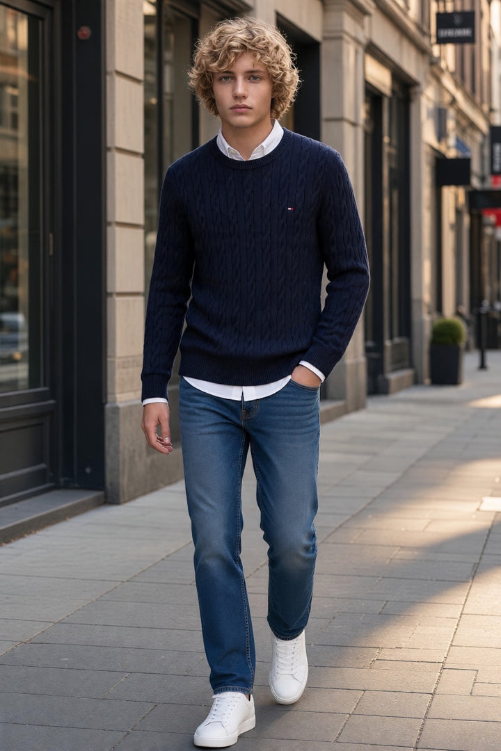 Navy cable knit crewneck sweater with ribbed cuffs and hem, TOMMY HILFIGER flag