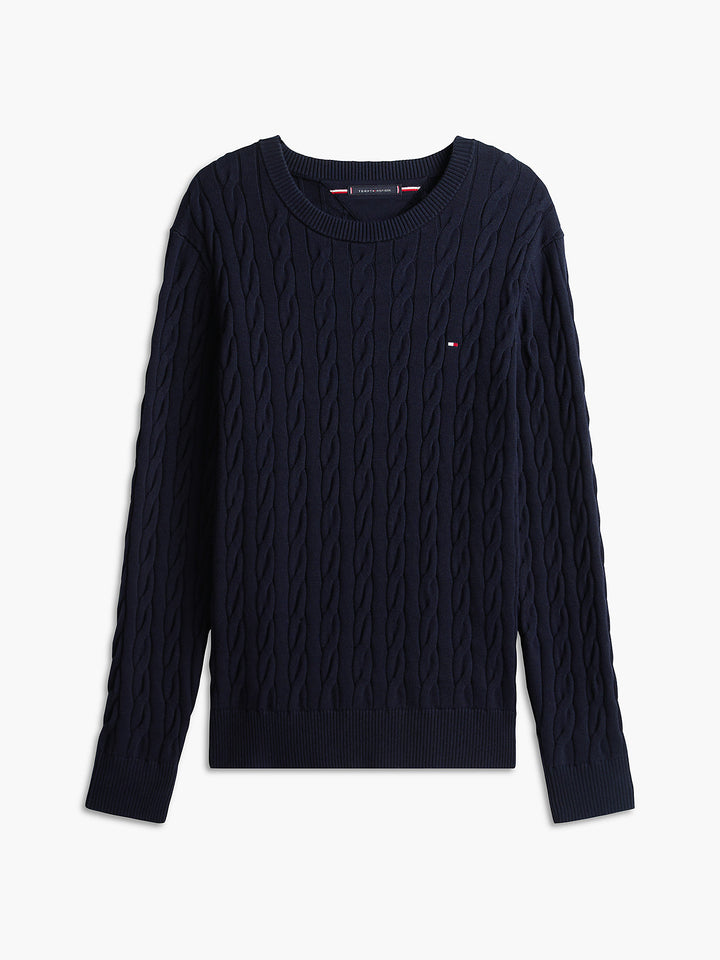 Navy cable knit crewneck sweater with long sleeves and ribbed collar, TOMMY HILFIGER flag