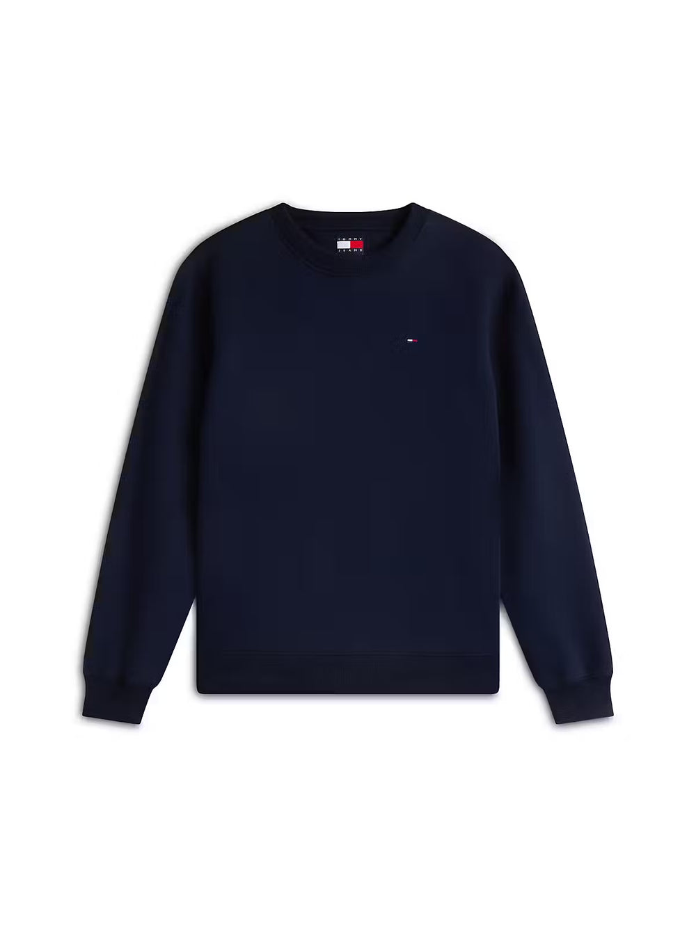 Dark blue crew neck sweatshirt with small chest flag logo, long sleeves