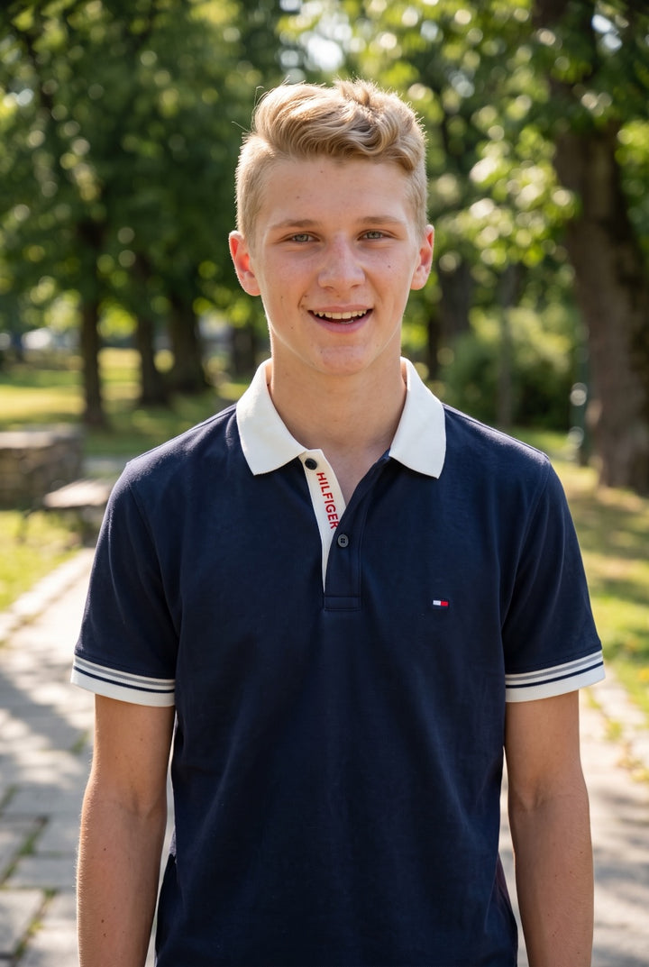 TOMMY HILFIGER  NAVY INTERLOCK PLACKT DETAIL POLO