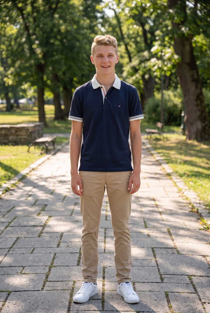 TOMMY HILFIGER  NAVY INTERLOCK PLACKT DETAIL POLO