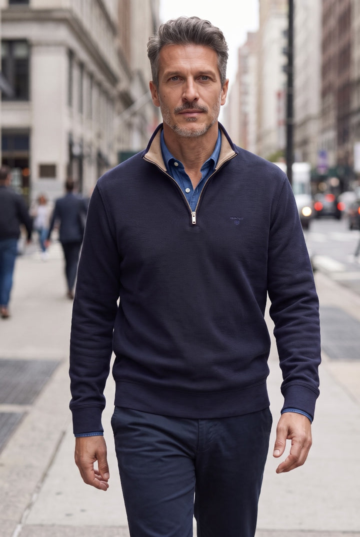 GANT NAVY SACKER RIB 1/2 ZIP SWEATER