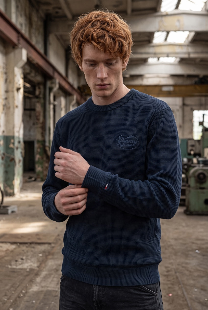 Tommy Jeans navy waffle-knit long-sleeve top with a small chest logo.