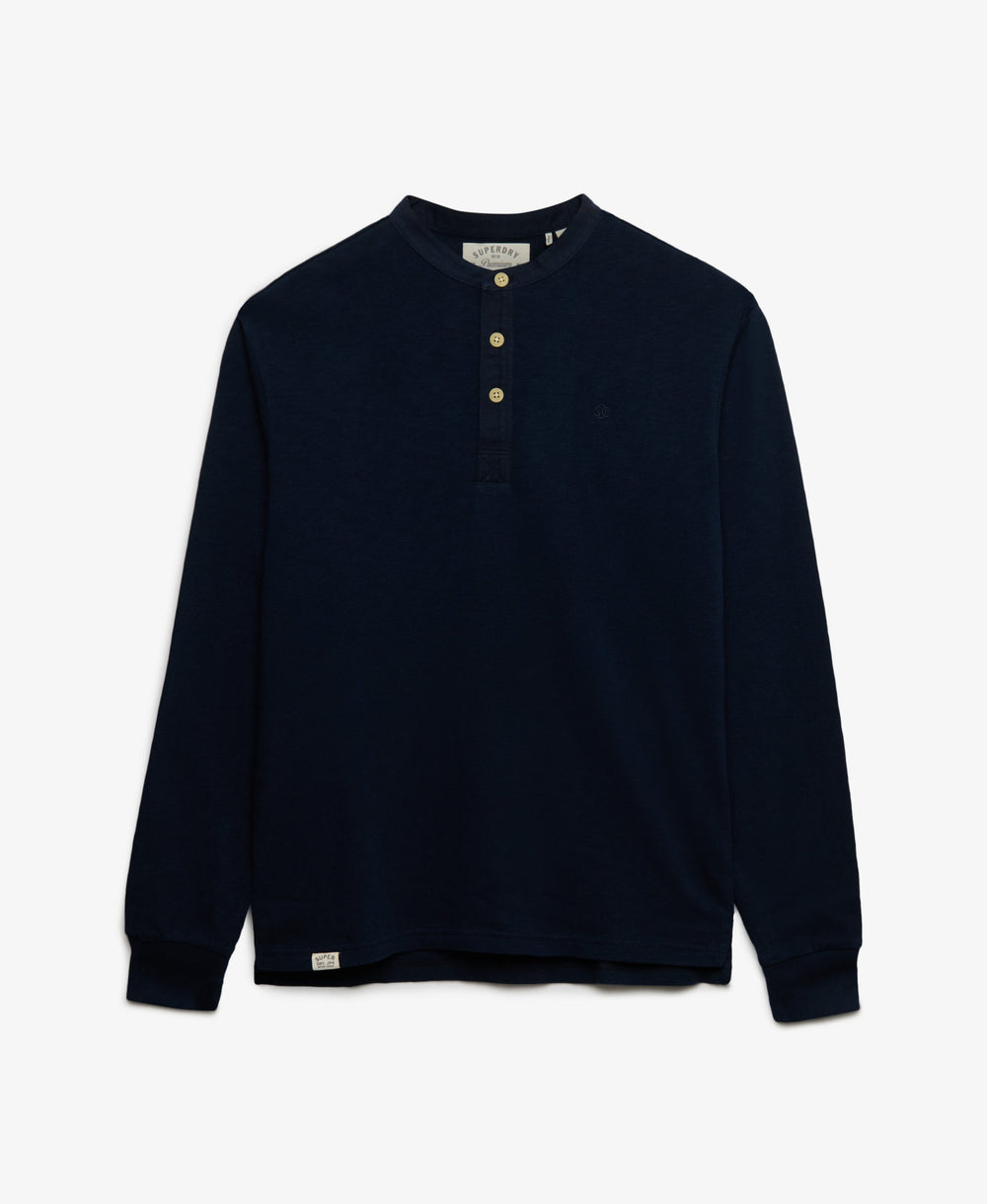 Navy woven grandad top with short button placket and long sleeves