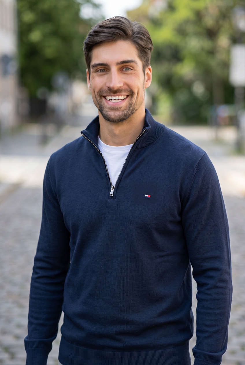 THM navy cotton quarter-zip mock pullover, long sleeves, ribbed cuffs and hem