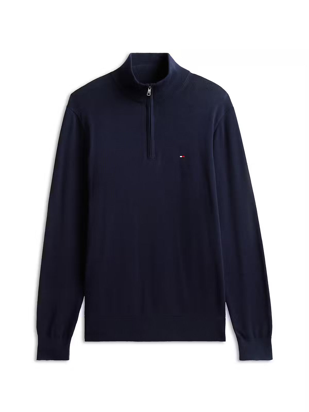 THM navy cotton quarter-zip mock pullover with small logo on chest