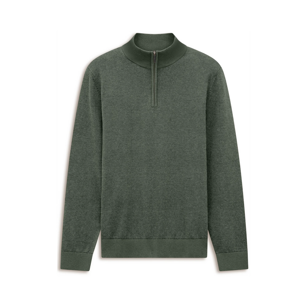 Olive green knit half-zip pullover sweater with stand collar