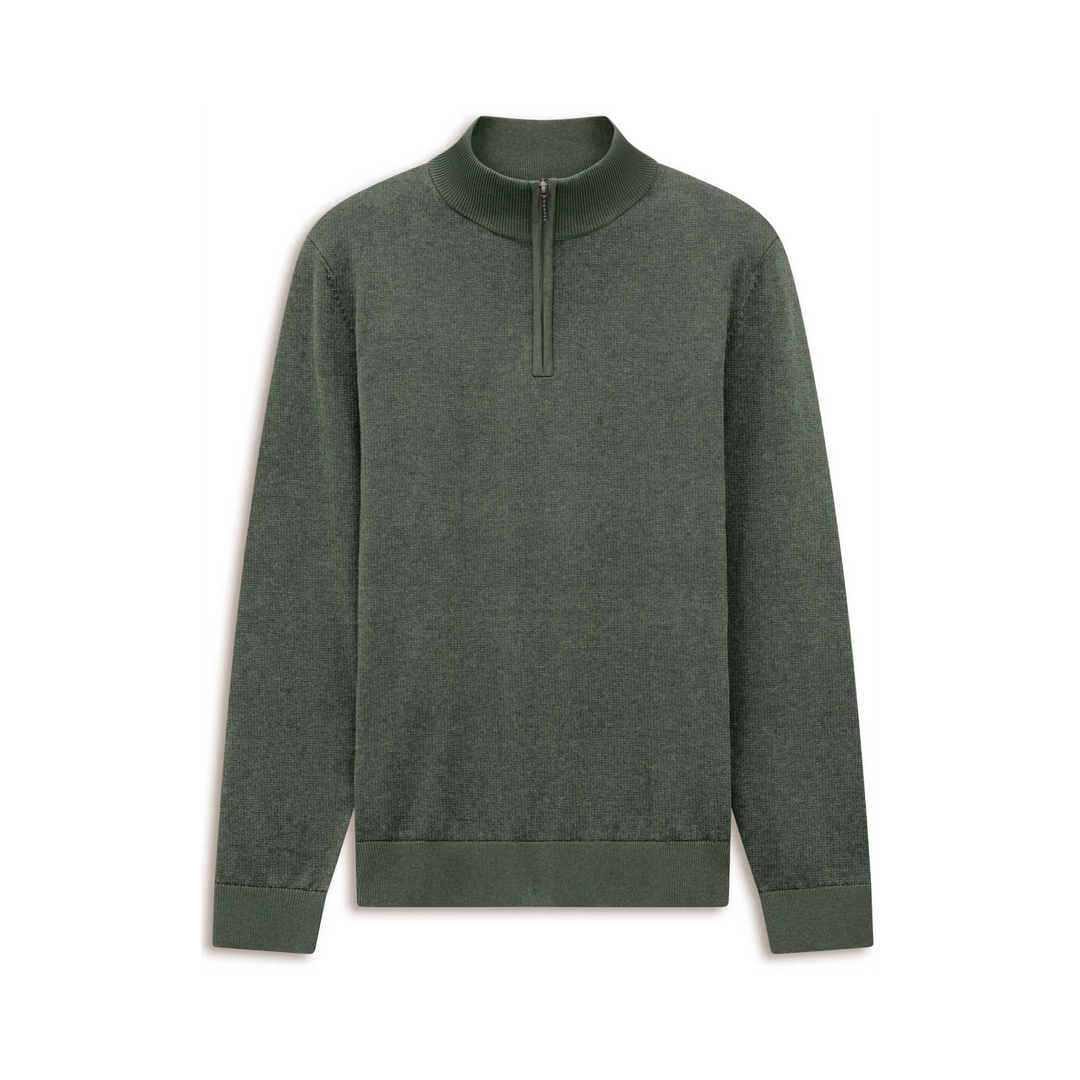 Olive green knit half-zip pullover sweater with stand collar