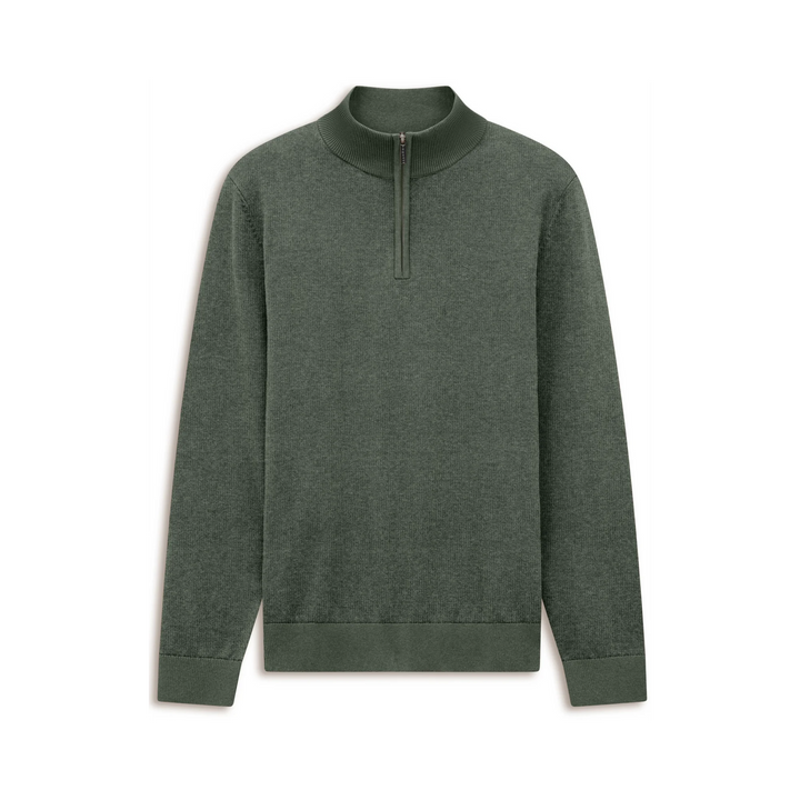 Olive green knit half-zip pullover sweater with stand collar