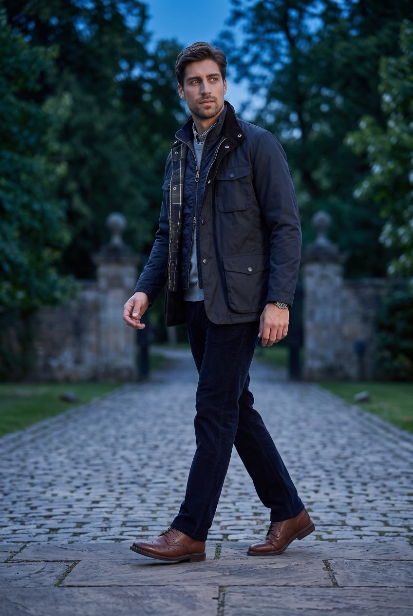 Men's Barbour navy waterproof jacket, front zip, snap pockets, plaid lining.