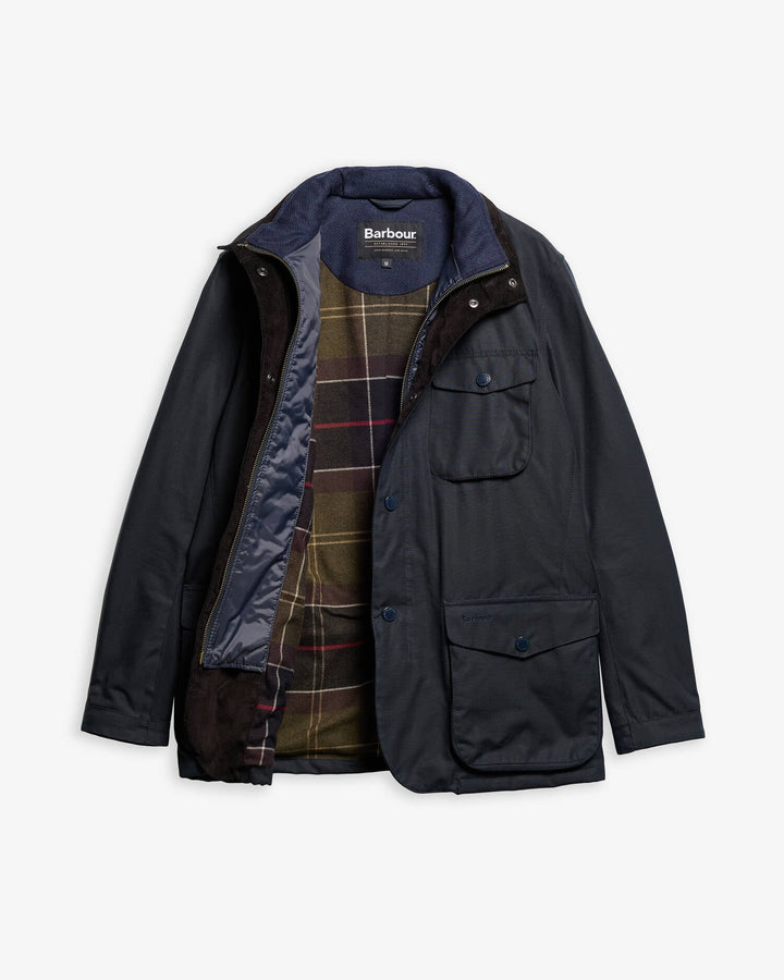 Barbour navy waterproof jacket, open front showing plaid lining and inner vest.