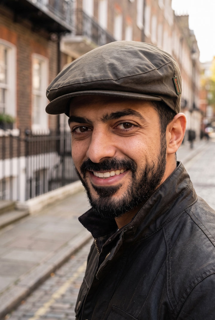 BARBOUR OLIVE CHEVIOT WAX FLAT CAP
