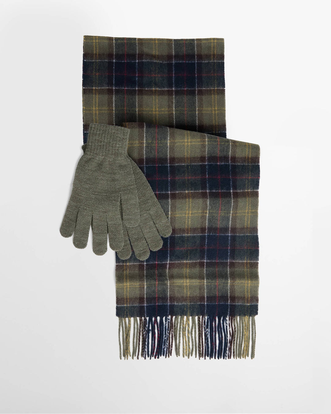 Barbour tartan scarf with fringed hem and olive knit gloves