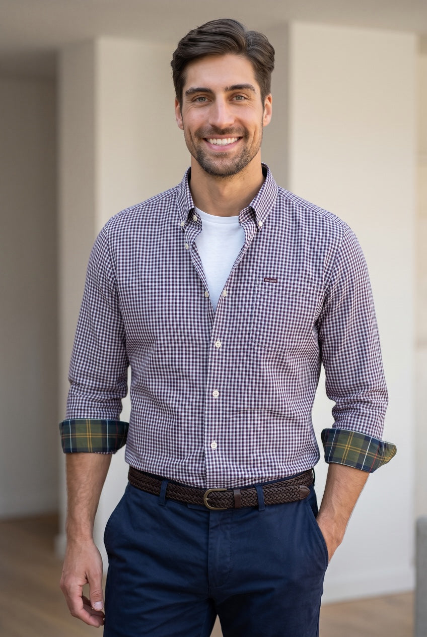 BARBOUR tailored red-and-navy gingham button-up shirt, long sleeves with button cuffs