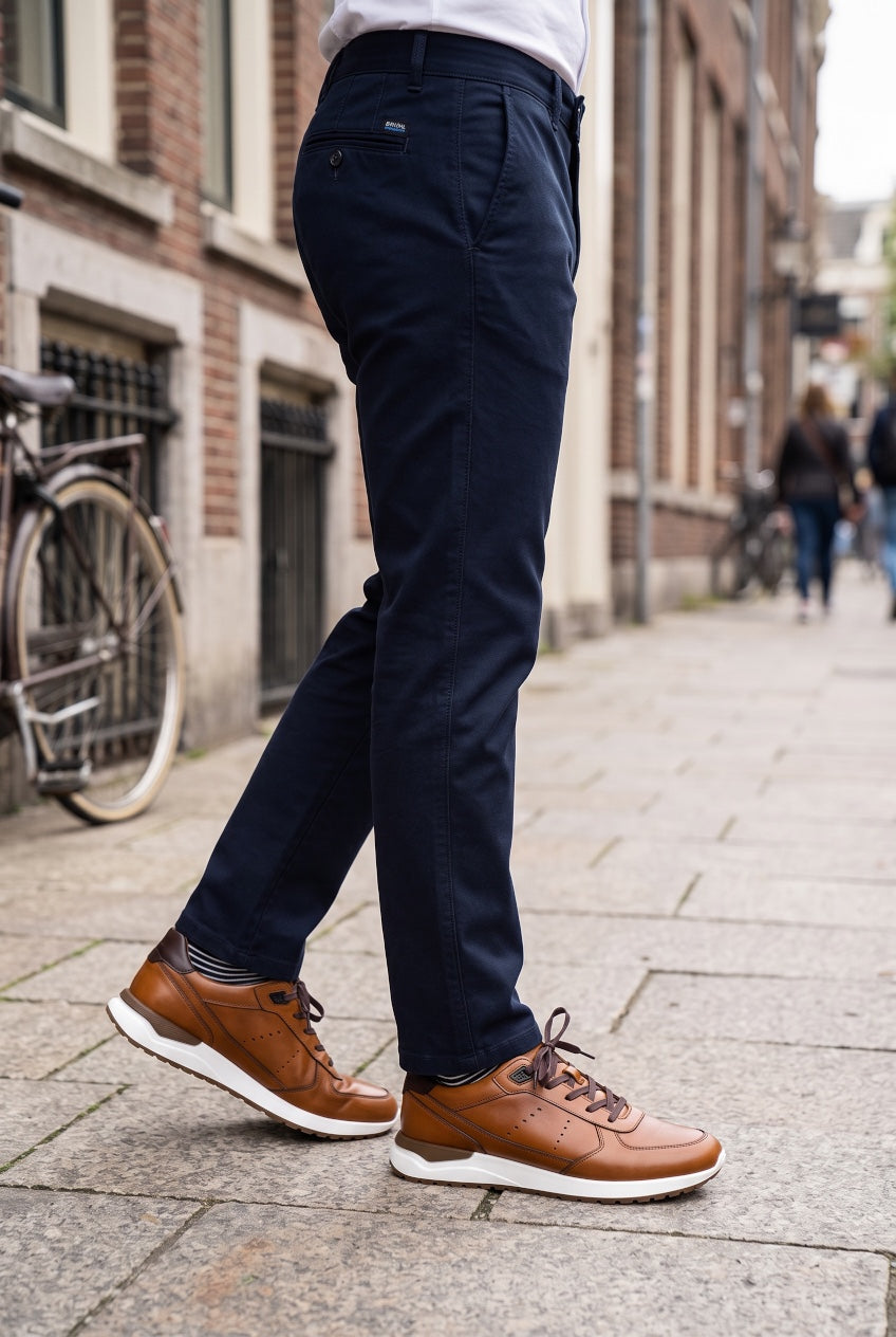 BRUHL PARMA B navy chino pants, tapered leg and stitched hem