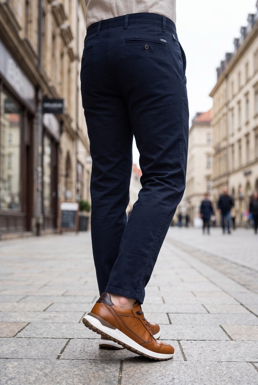 BRUHL PARMA B navy chino pants, rear view with belt loops