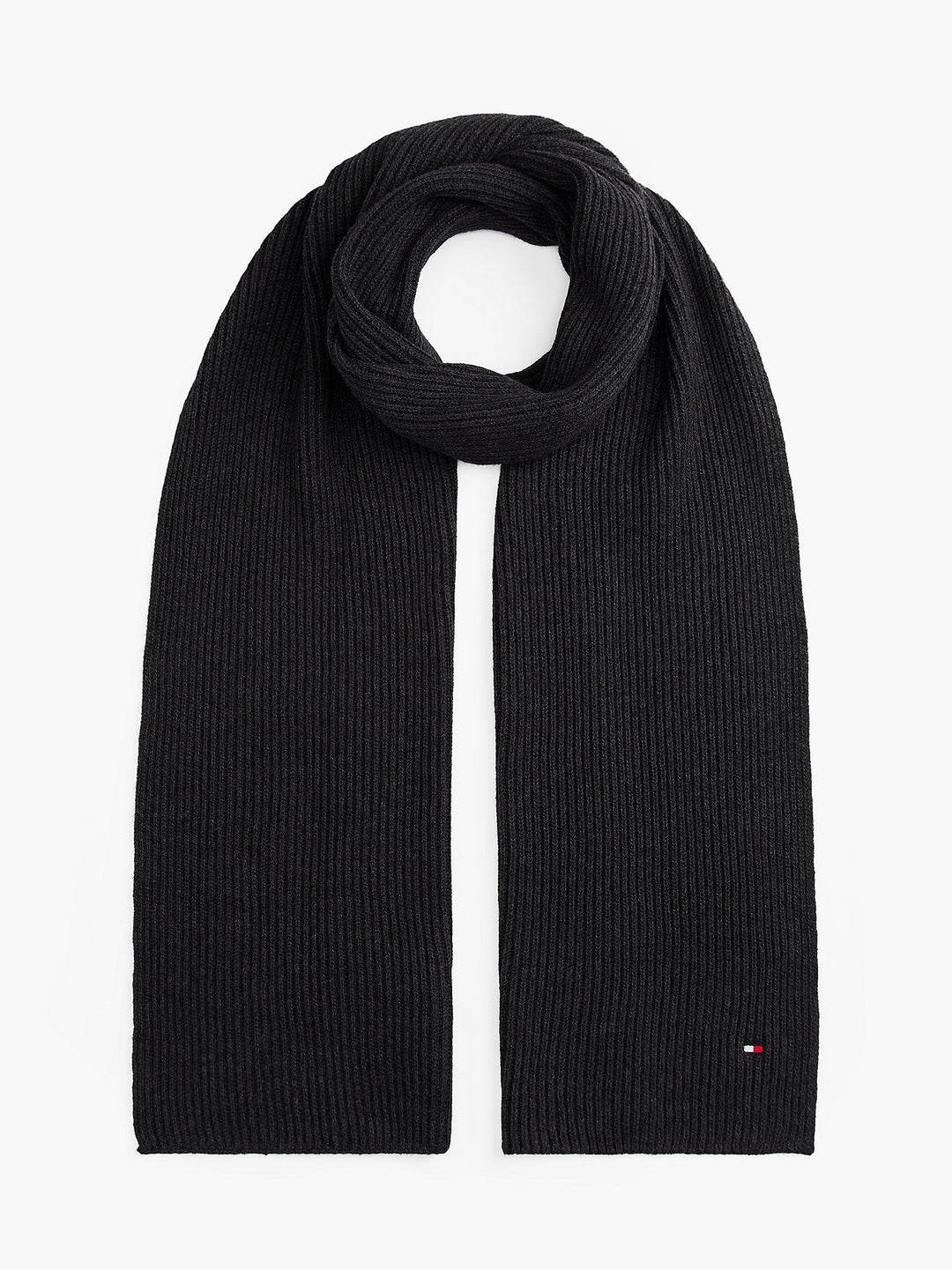 Dark knit cotton-cashmere scarf with small flag logo on end