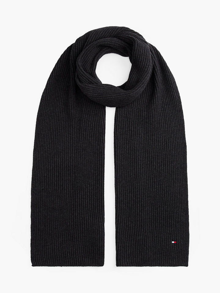 Dark knit cotton-cashmere scarf with small flag logo on end
