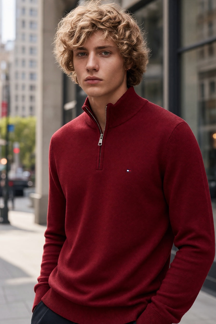 Red quarter-zip mock neck sweater with ribbed cuffs and small chest logo