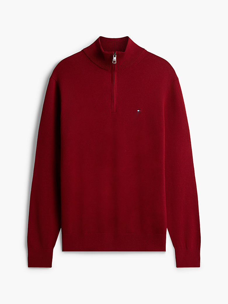 Red quarter-zip mock neck sweater, flat view with chest logo and ribbed hem