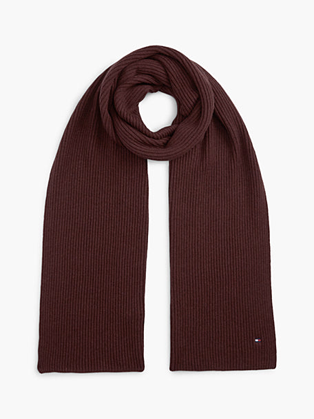 Burgundy pima cotton scarf, long ribbed knit with small flag patch