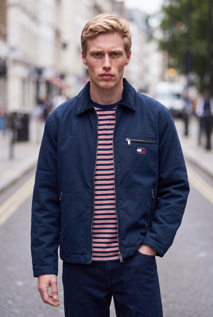 TOMMY JEANS dark blue quilted cotton jacket, button-front and chest pocket
