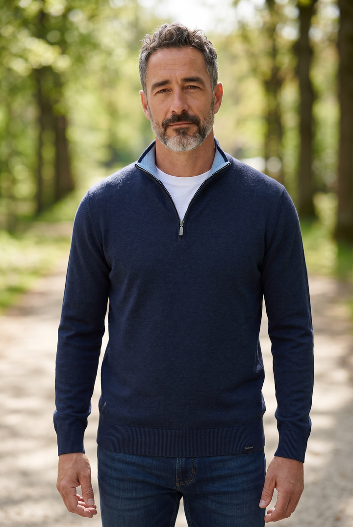 Navy 1/2 zip knit sweater with stand collar and half-length zipper, long sleeves