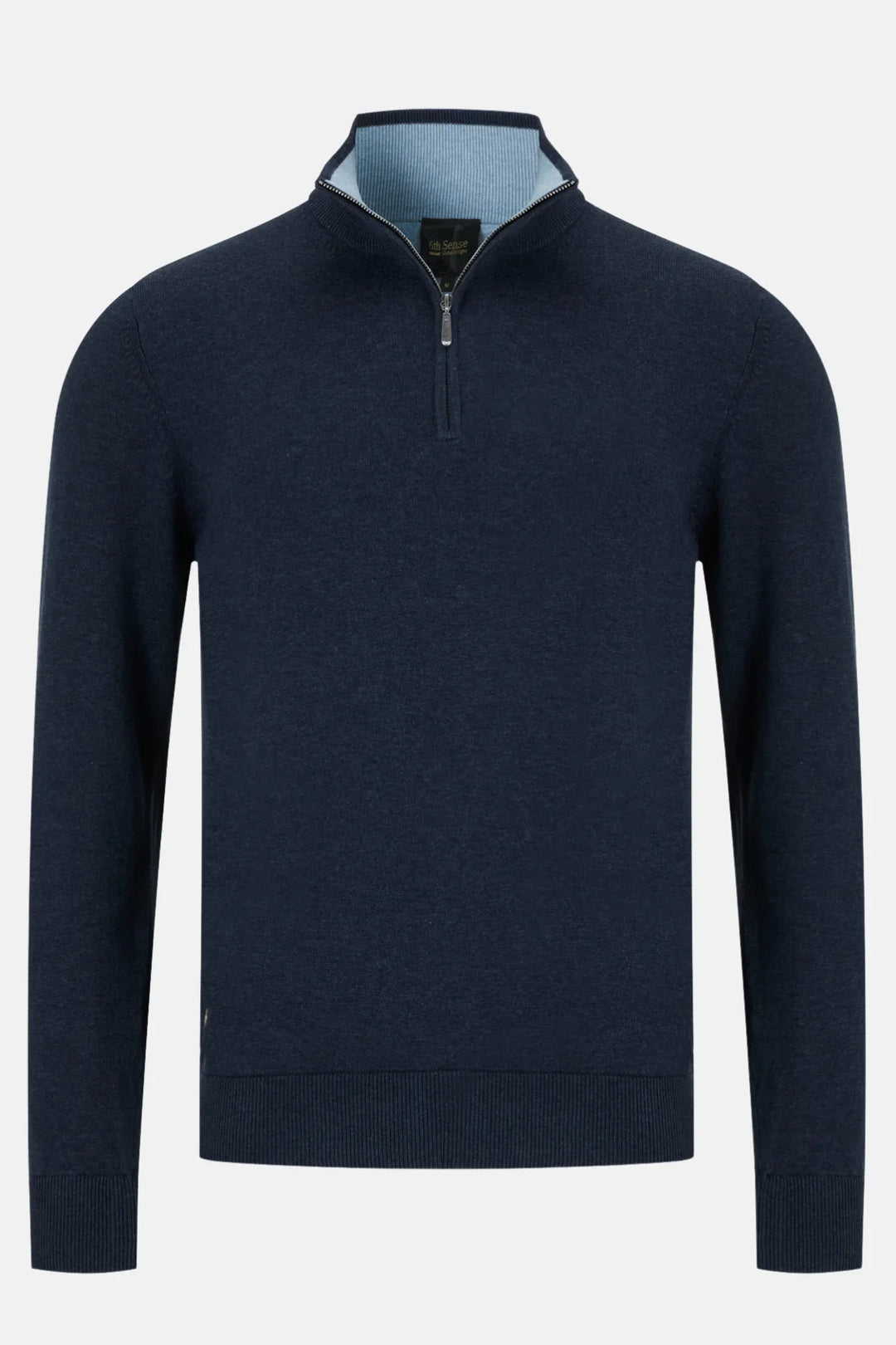 Navy 1/2 zip knit sweater, long sleeves, stand collar, front zipper