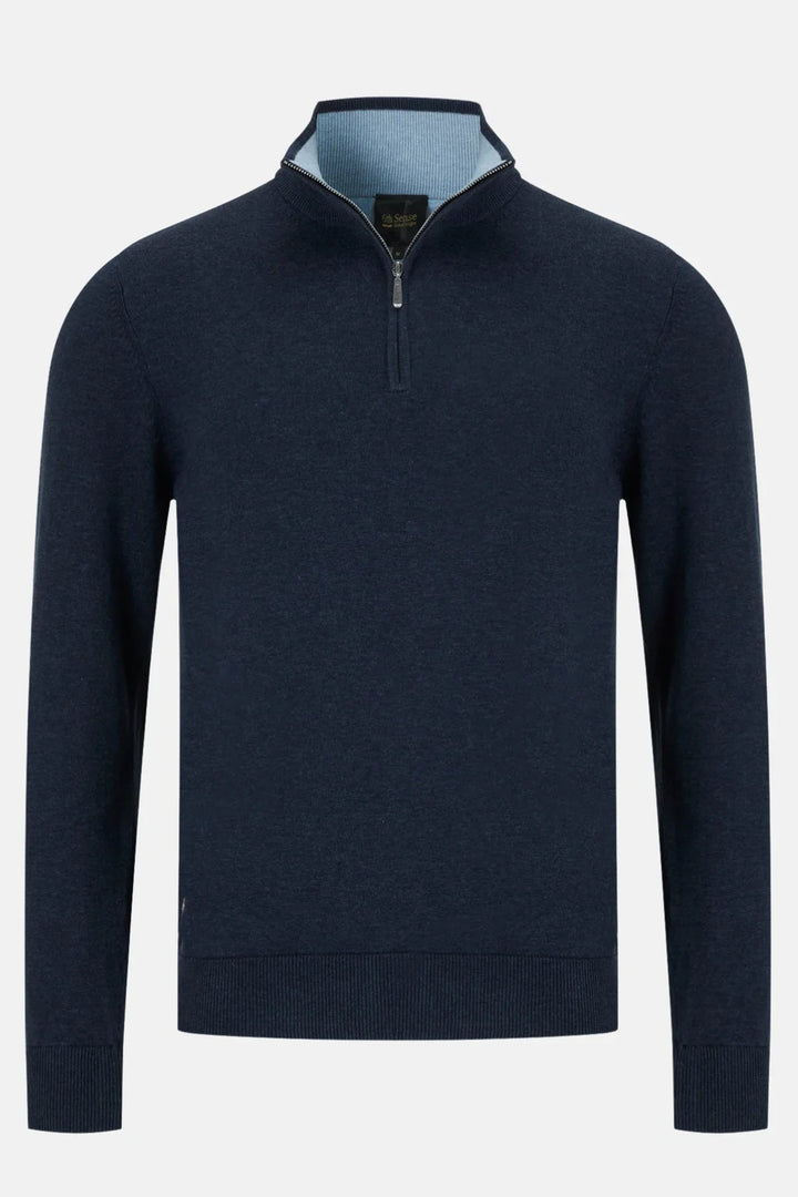 Navy 1/2 zip knit sweater, long sleeves, stand collar, front zipper