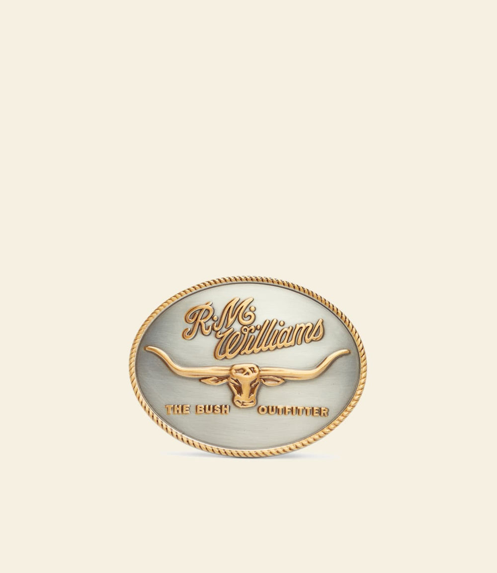 R.M. Williams gold logo buckle, oval emblem with horse and text border