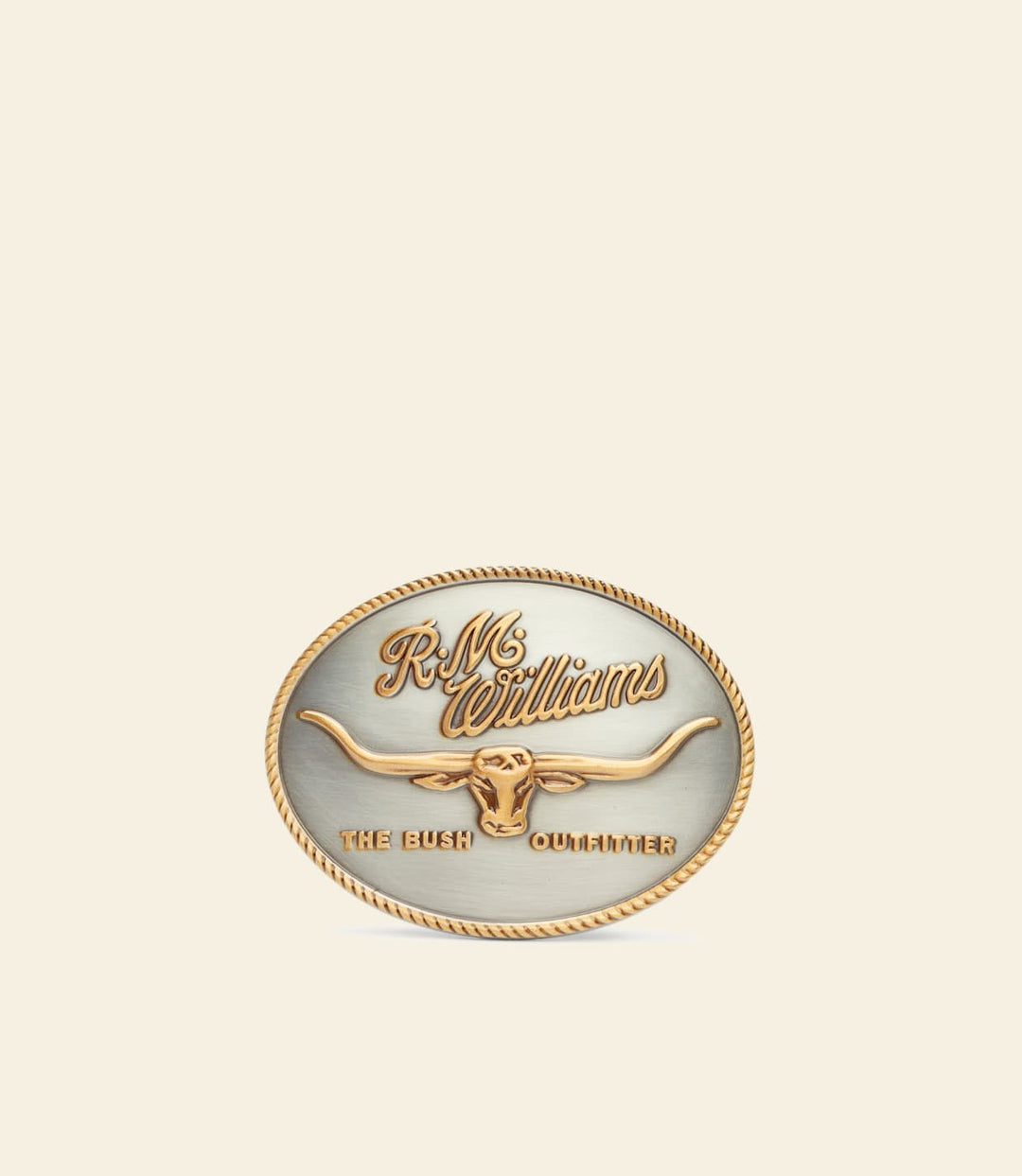 R.M. Williams gold logo buckle, oval emblem with horse and text border