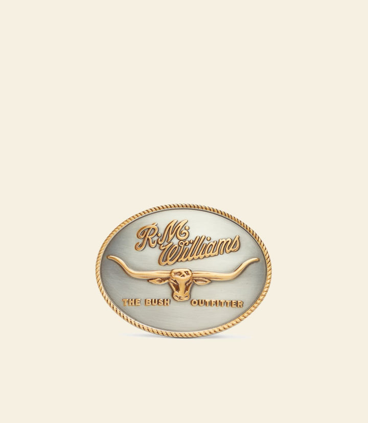 R.M. Williams gold logo buckle, oval emblem with horse and text border