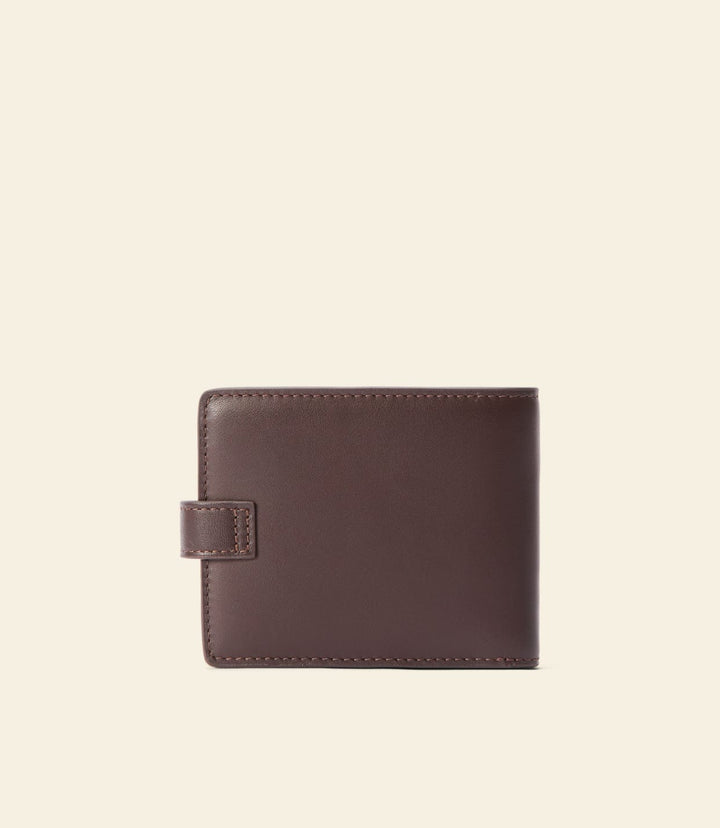 Chestnut leather bifold wallet with side pull tab and visible top stitching