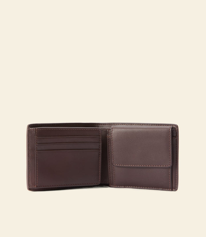 Chestnut leather bifold wallet with card slots and stitched edges