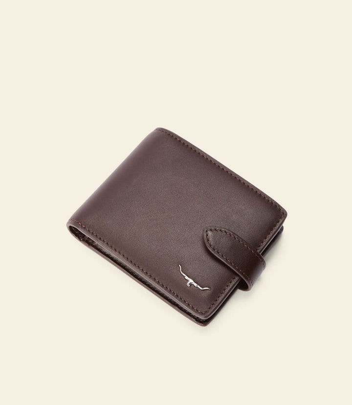 Chestnut leather compact bifold wallet with logo and curved strap detail