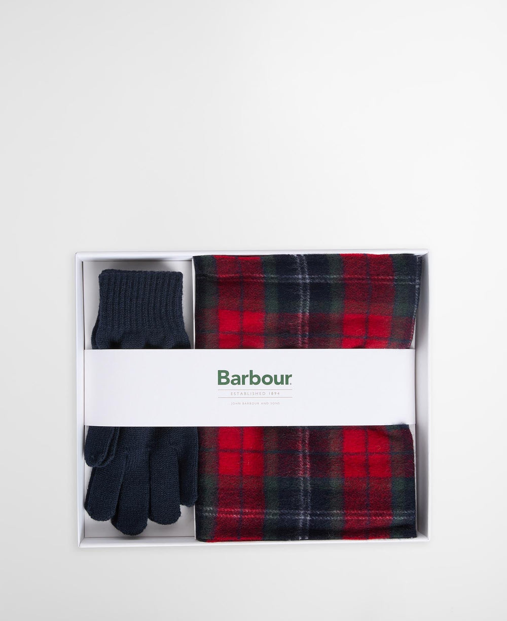 Barbour scarf and glove gift set: navy gloves and red tartan scarf in box