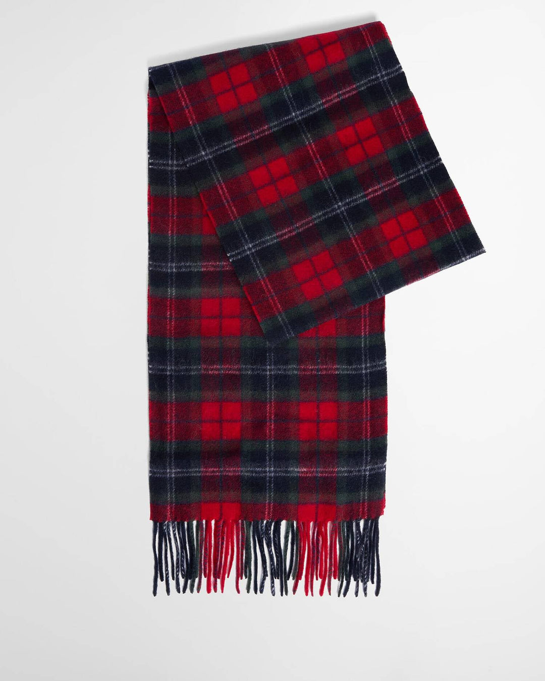 Red, navy and black tartan scarf with fringe ends