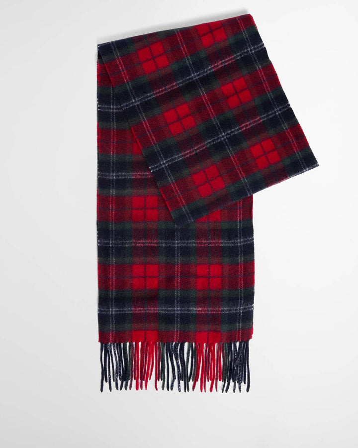 Red, navy and black tartan scarf with fringe ends