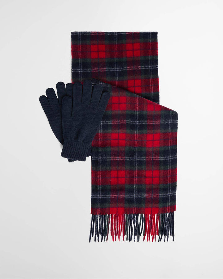 Tartan scarf with navy gloves, red and navy plaid