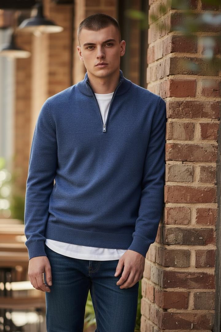 REMUS 1/2 ZIP INDIGO SWEATER