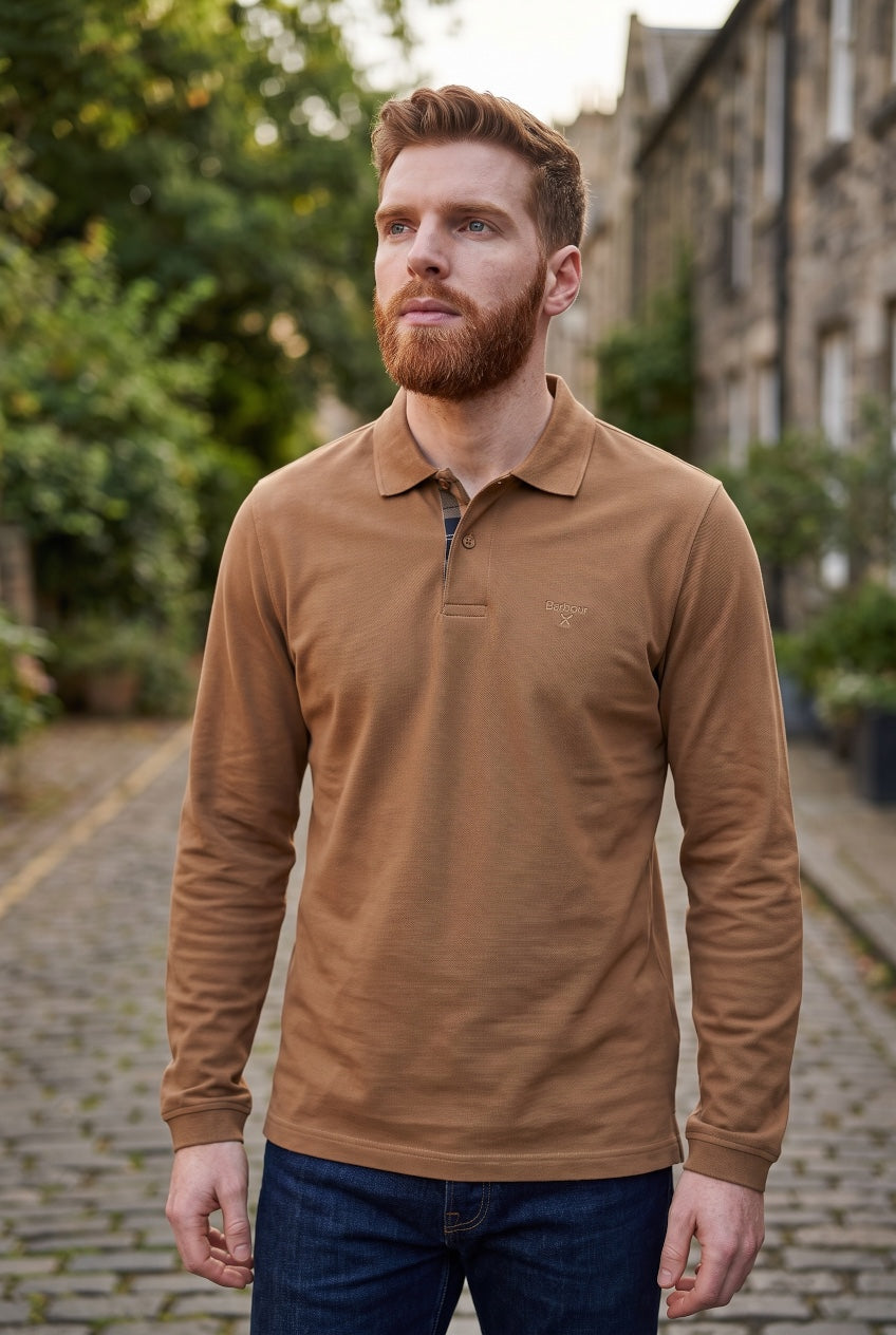 BARBOUR tan long-sleeve pique polo with collar, button placket, chest logo