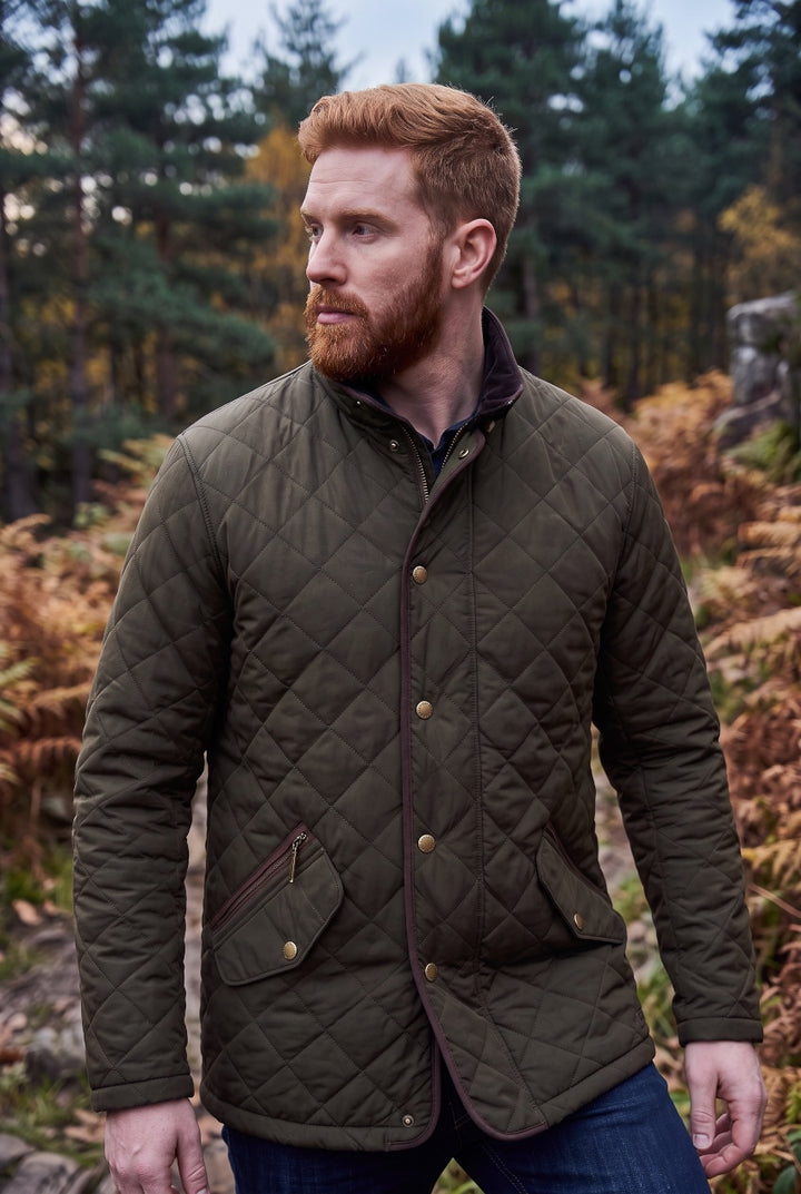 Olive quilted waterproof coat with stand collar, button front, two flap pockets