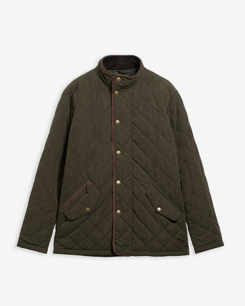 Olive quilted coat, stand collar, button front, two flap pockets (waterproof)