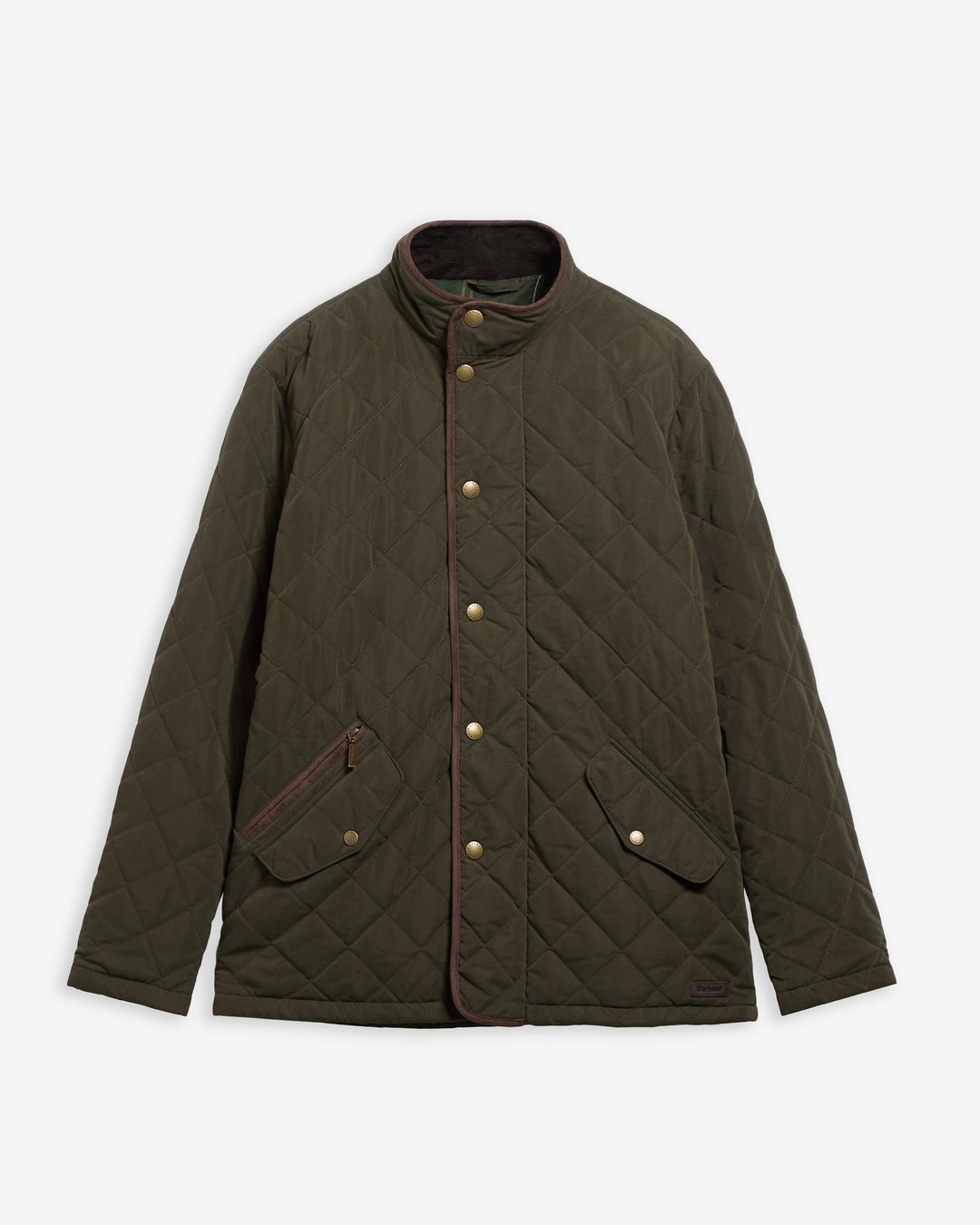 Olive quilted coat, stand collar, button front, two flap pockets (waterproof)