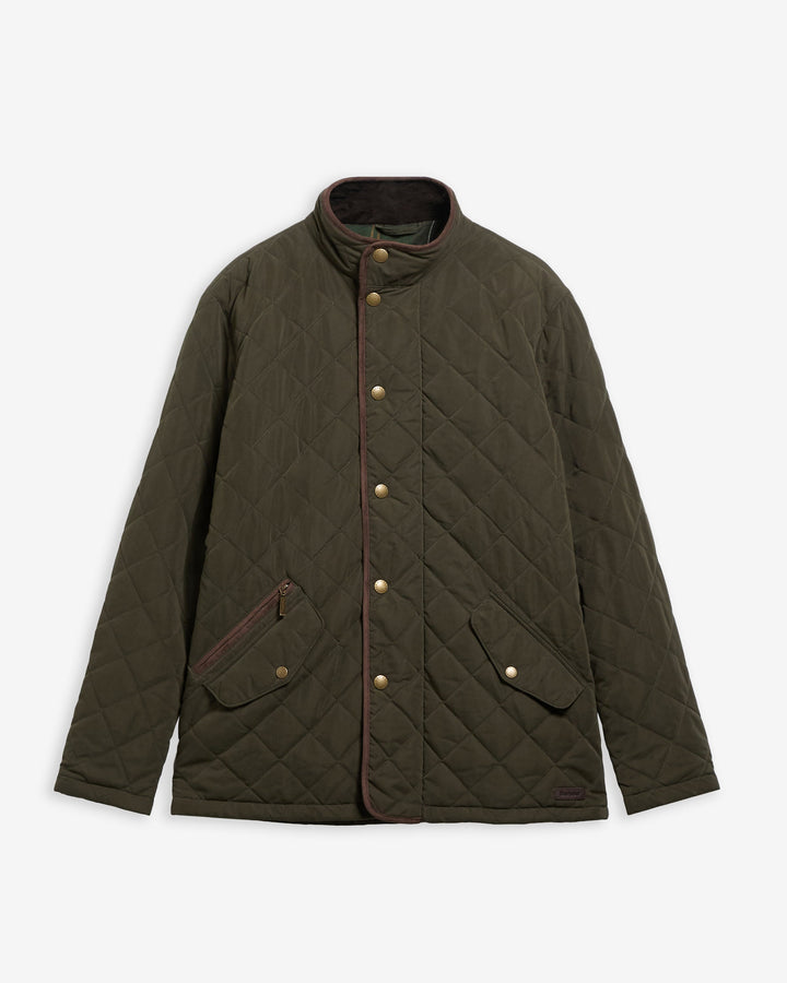 Olive quilted coat, stand collar, button front, two flap pockets (waterproof)